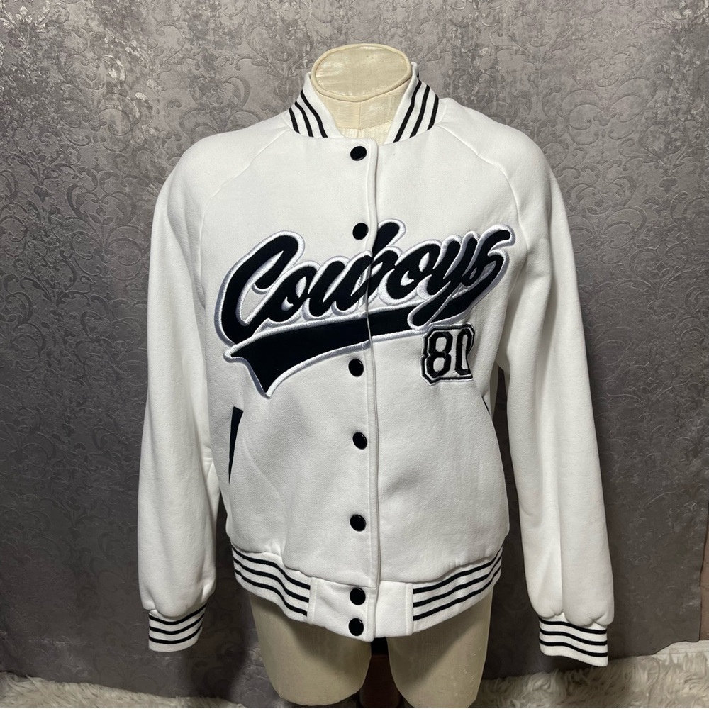Edikted White Cowboys Varsity Bomber Jacket - Size XS